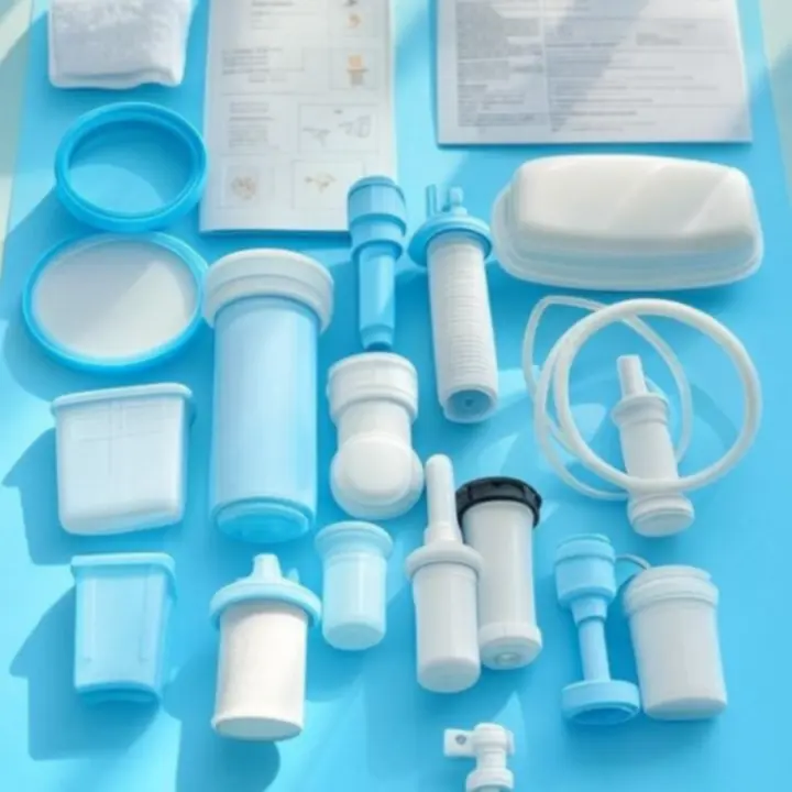 Widok zestawu instalacyjnego z filtrami, złączkami i wężykami