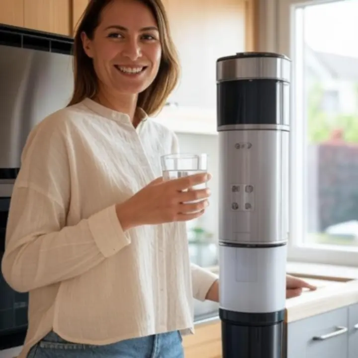 Zadowolona klientka korzystająca z filtrowanej wody w kuchni